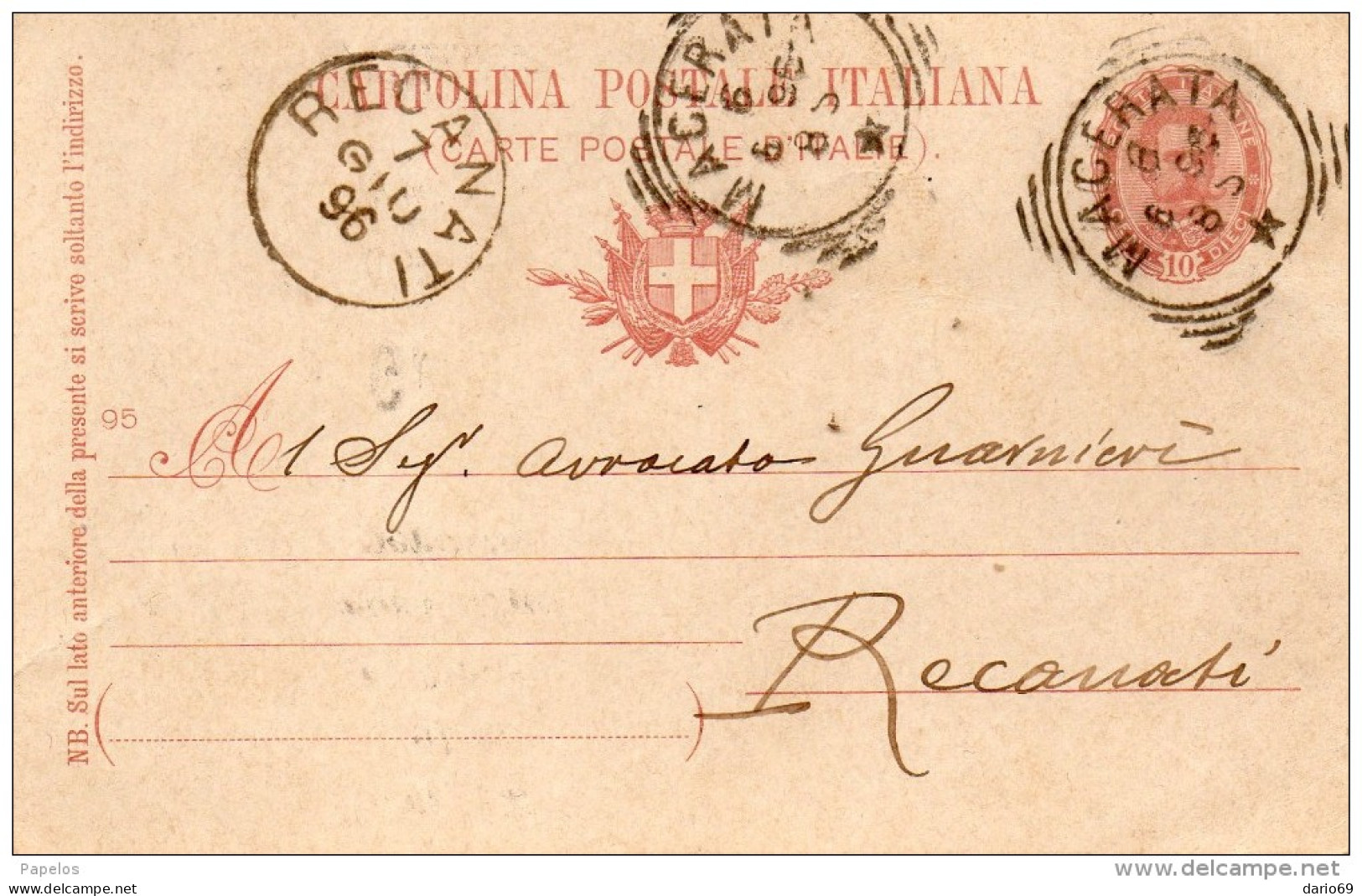 1896  CARTOLINA CON ANNULLO RECANATI  MACERATA - Entero Postal