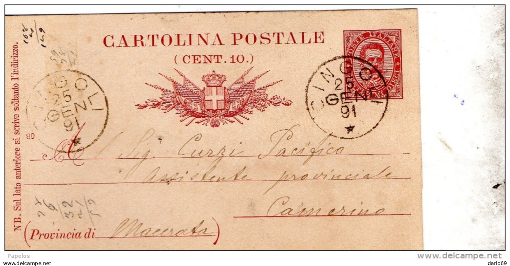 1891   CARTOLINA CON ANNULLO    CINGOLI  MACERATA - Interi Postali