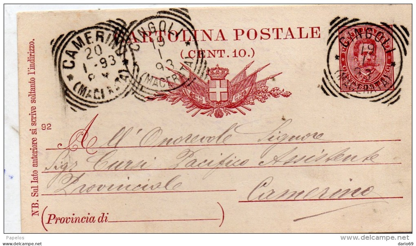 1893   CARTOLINA CON ANNULLO    CINGOLI  MACERATA - Interi Postali