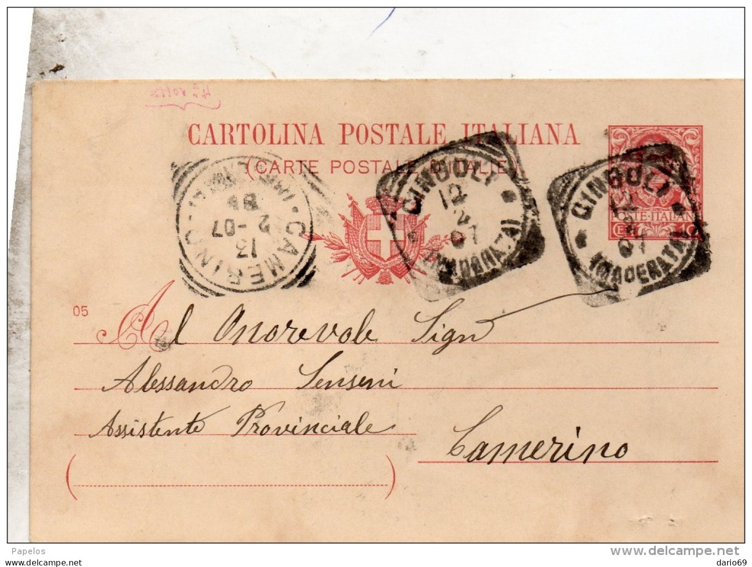 1907    CARTOLINA CON ANNULLO  CINGOLI    MACERATA - Postwaardestukken