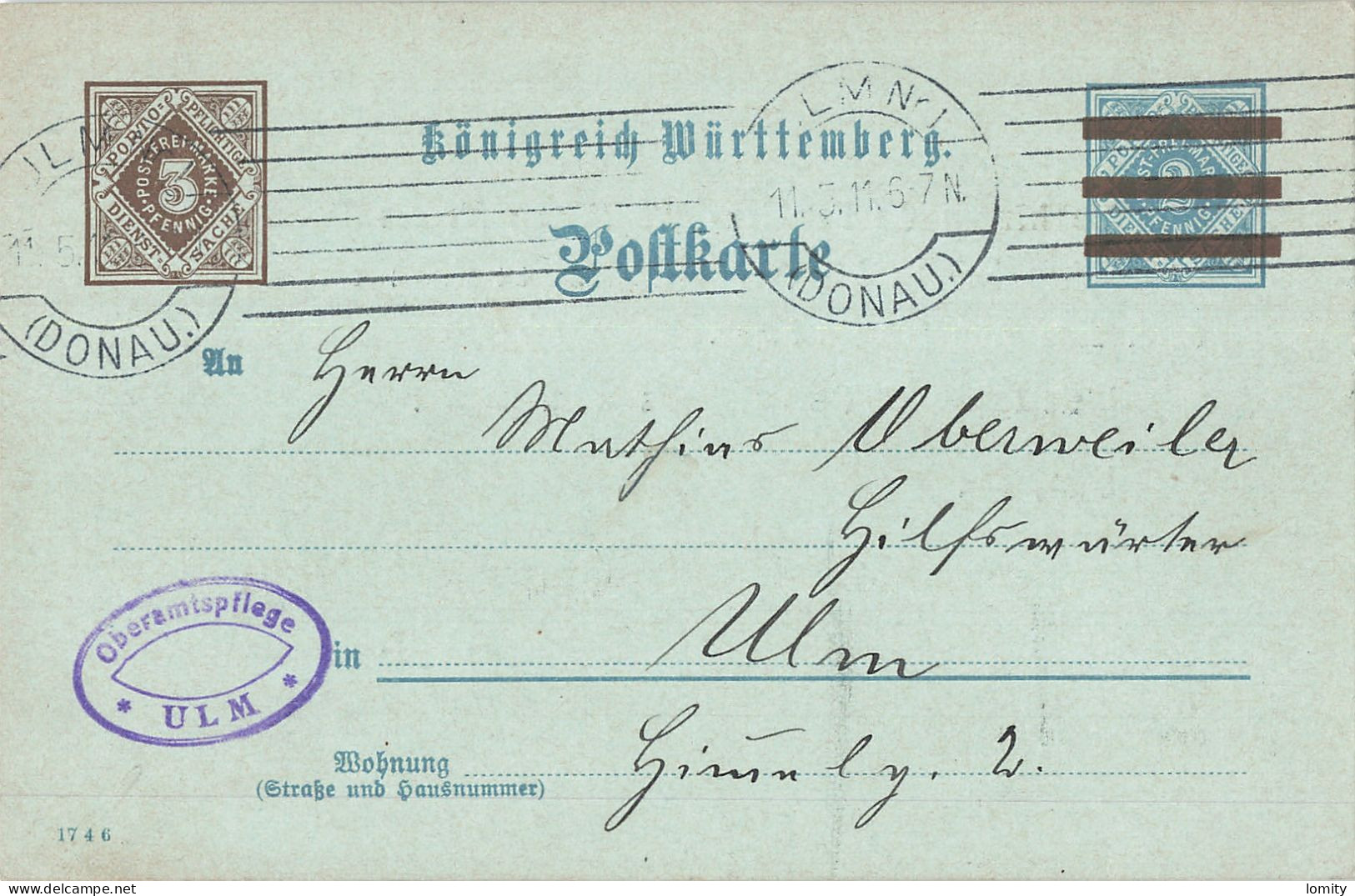 Allemagne Wurtemberg Entier Postal Ganzasche Service Surcharge Cachet 1911 Oberamtspflege ULM Carte Postkarte - Postal  Stationery