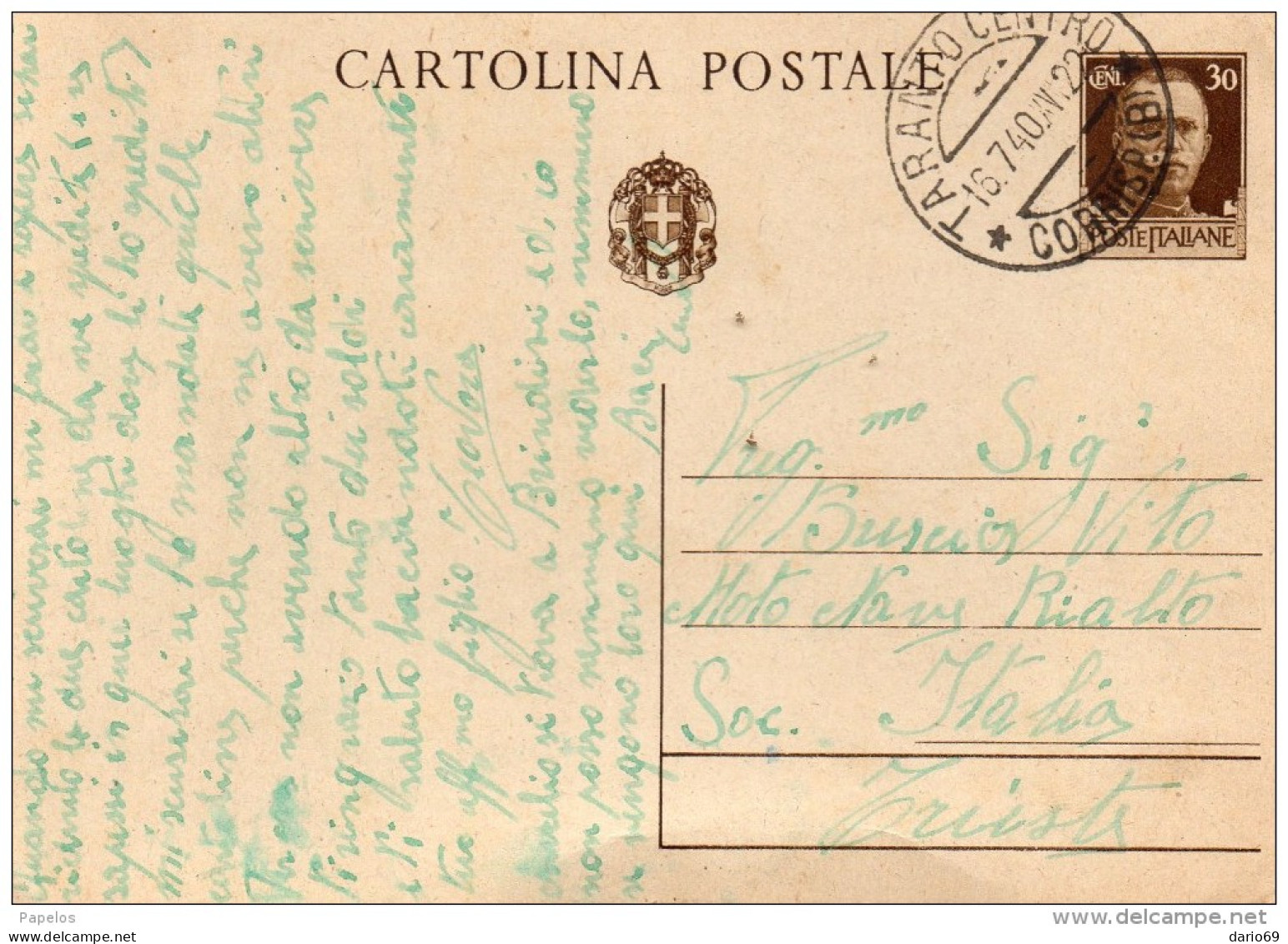 1940  CARTOLINA CON ANNULLO TARANTO - Stamped Stationery