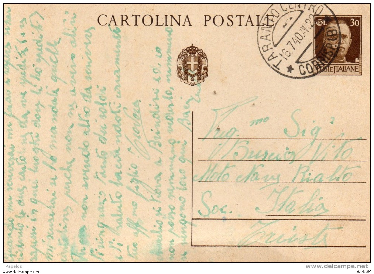 1940  CARTOLINA CON ANNULLO TARANTO - Postwaardestukken