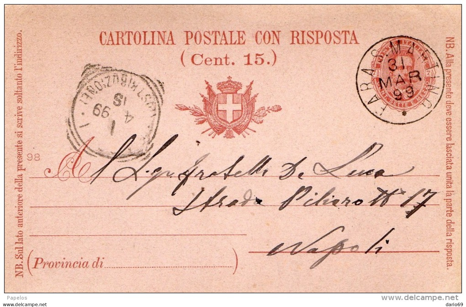 1899    CARTOLINA CON ANNULLO FARA S. MARTINA CHIETI - Entiers Postaux