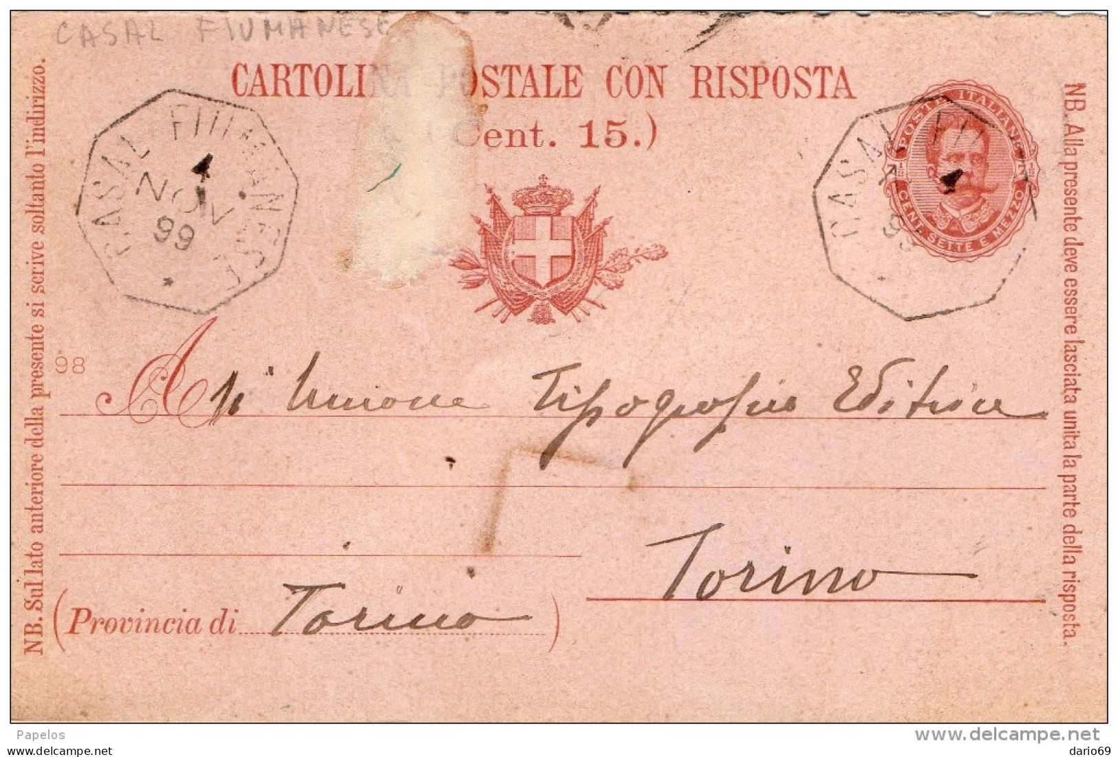 1899  CARTOLINA CON ANNULLO CASALFIUMANESE BOLOGNA - Postwaardestukken