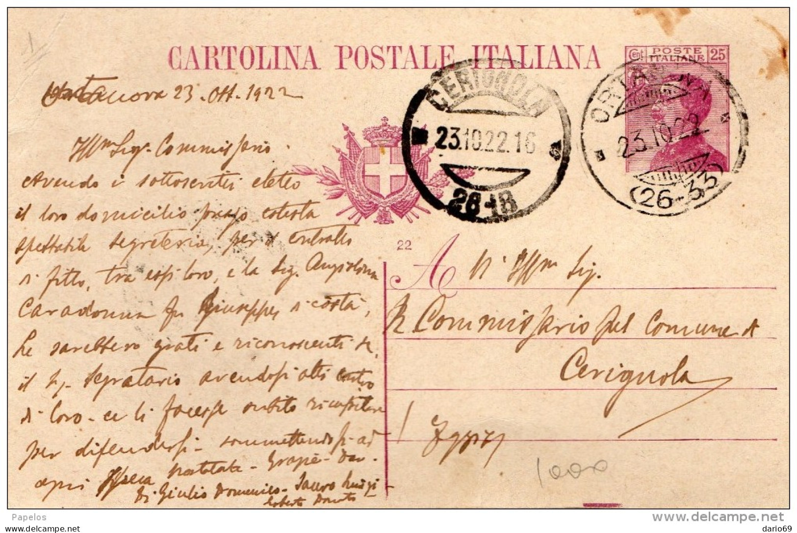 1922  CARTOLINA CON ANNULLO ORTA NOVA FOGGIA - Stamped Stationery