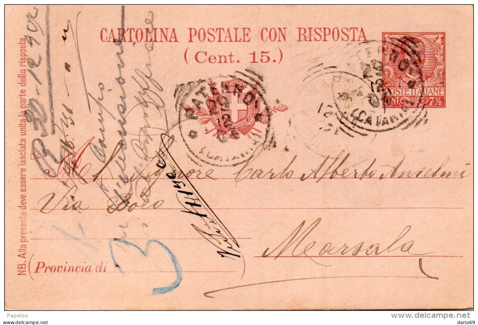 1904   CARTOLINA CON ANNULLO PATERNO' CATANIA - Postwaardestukken