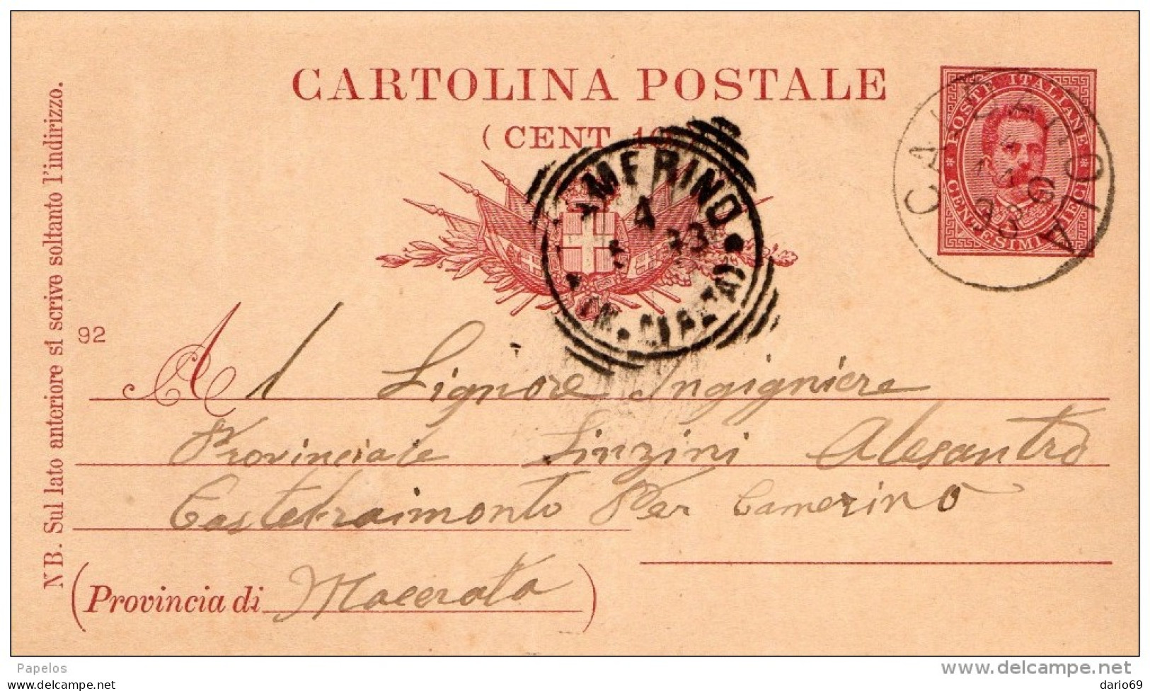 1893  CARTOLINA CON ANNULLO CALDAROLA MACERATA - Ganzsachen