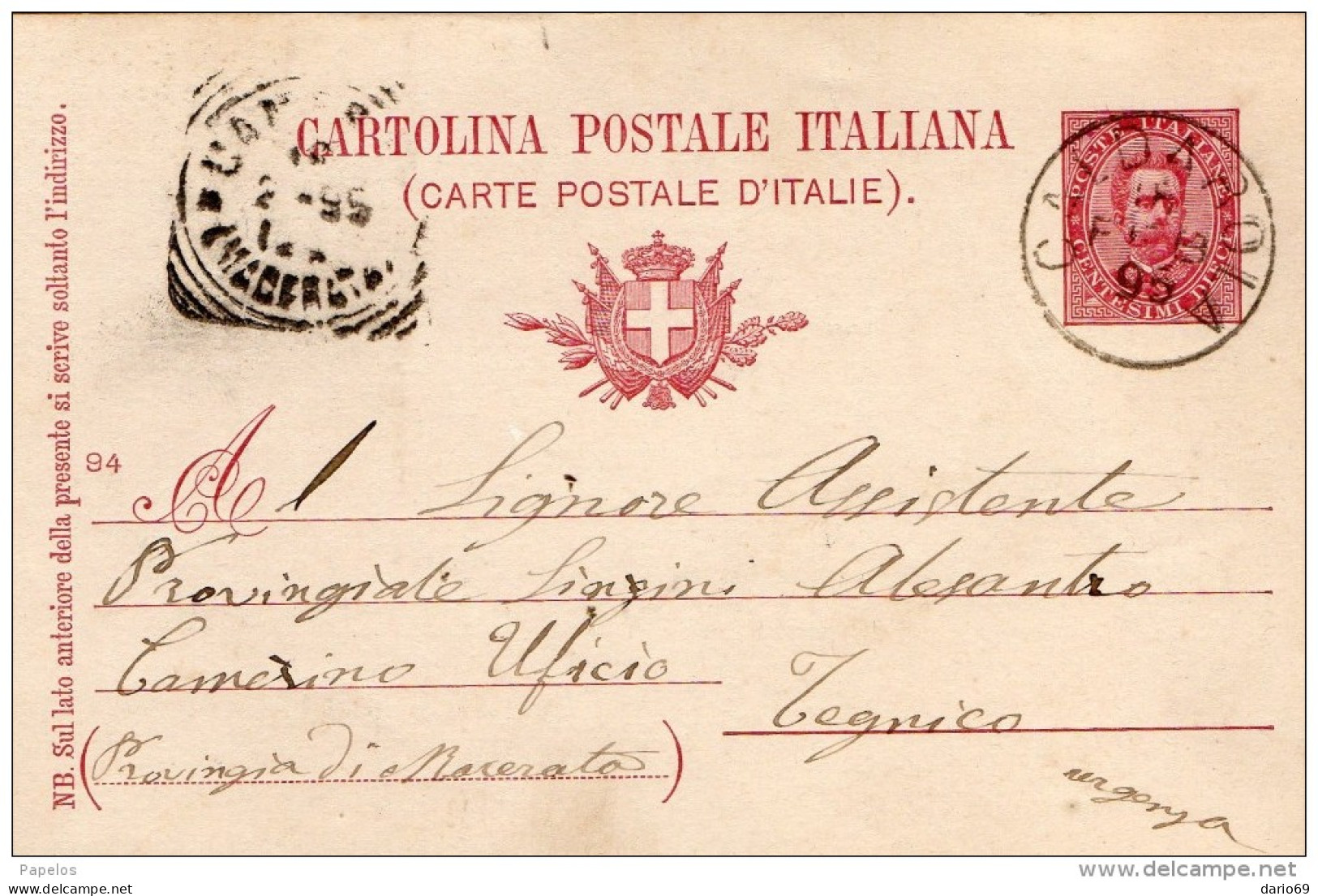 1895  CARTOLINA CON ANNULLO CALDAROLA MACERATA - Postwaardestukken