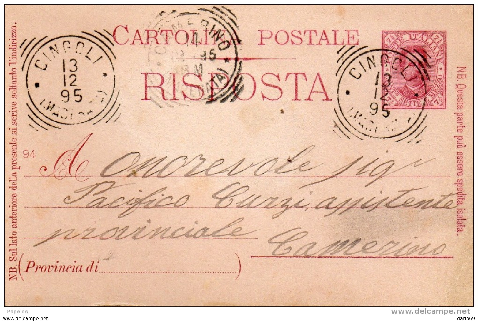 1895   CARTOLINA CON ANNULLO CINGOLI  MACERATA - Postwaardestukken
