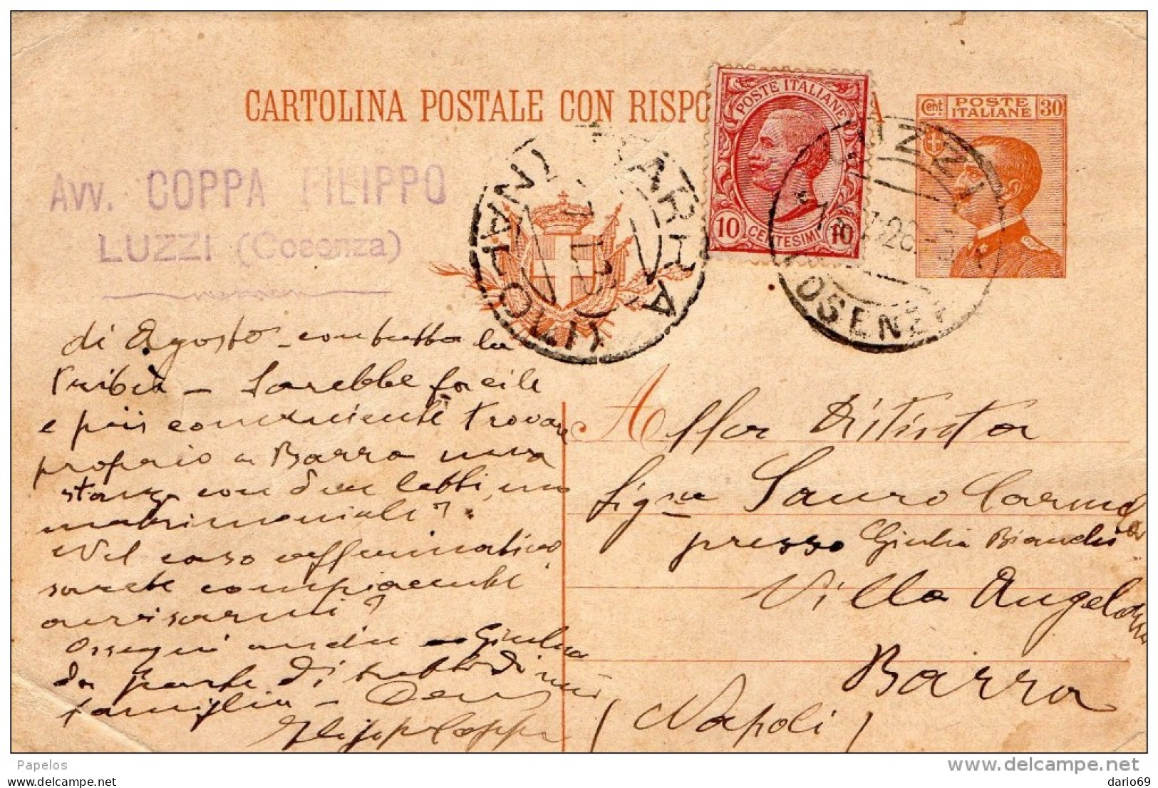 1926  CARTOLINA CON ANNULLO  LUZZI COSENZA - Stamped Stationery