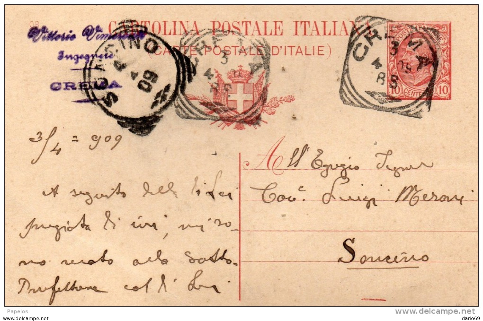 1909  CARTOLINA CON ANNULLO  CREMA - Entiers Postaux