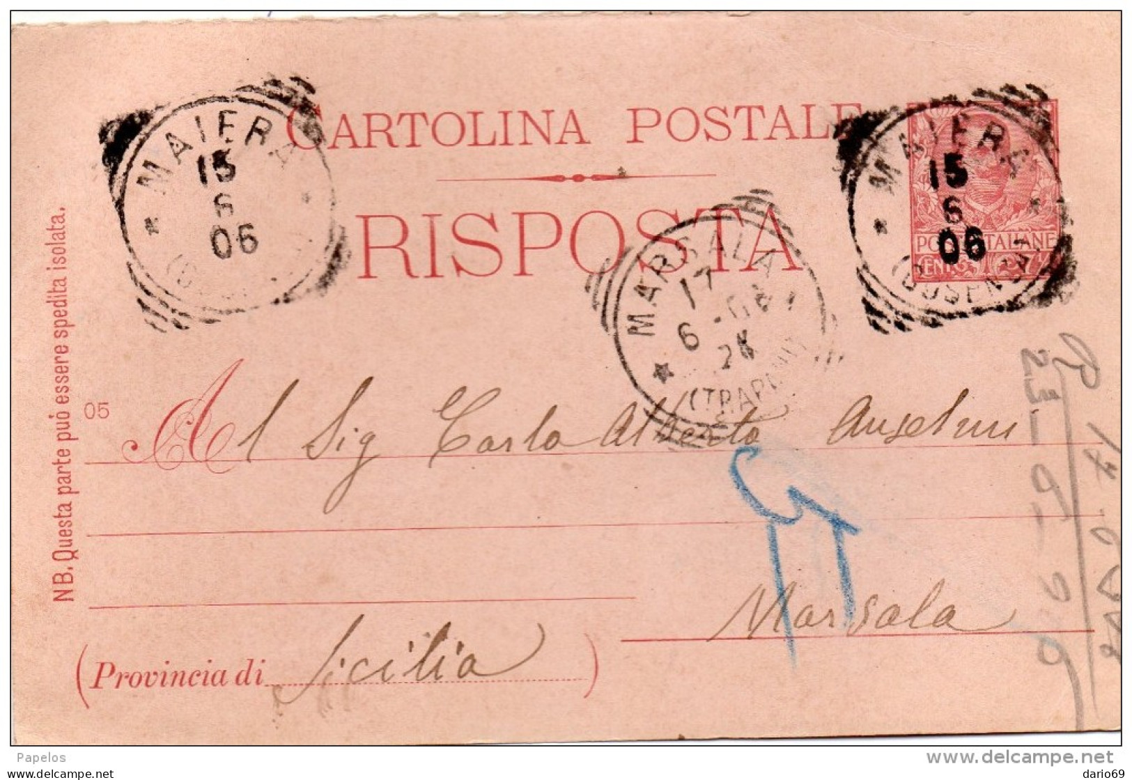1906  CARTOLINA CON ANNULLO  MATERA - Postwaardestukken