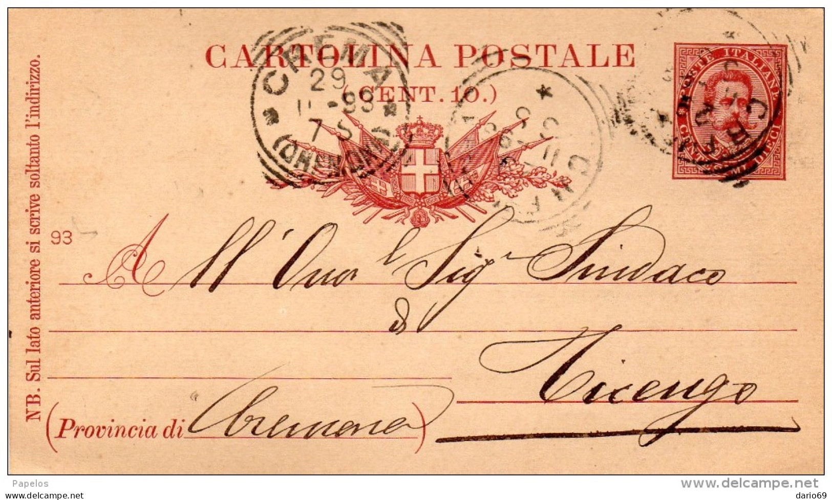 1898  CARTOLINA CON ANNULLO  CREMONA - Postwaardestukken