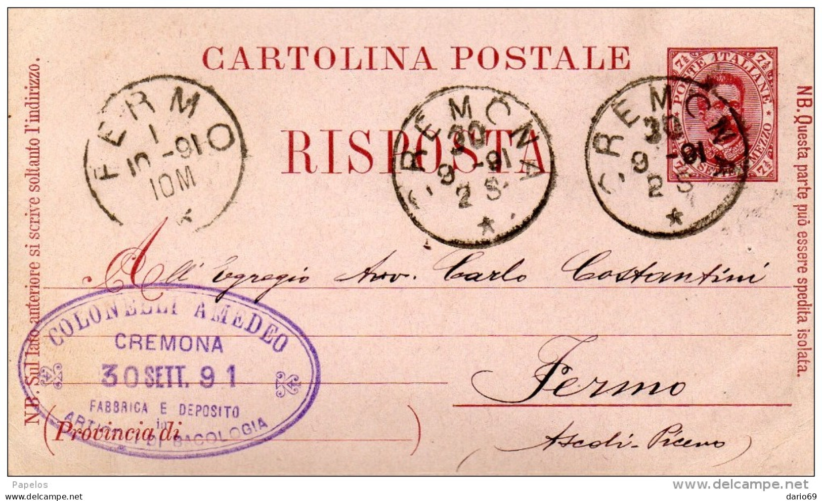 1891  CARTOLINA CON ANNULLO  CREMONA - Ganzsachen