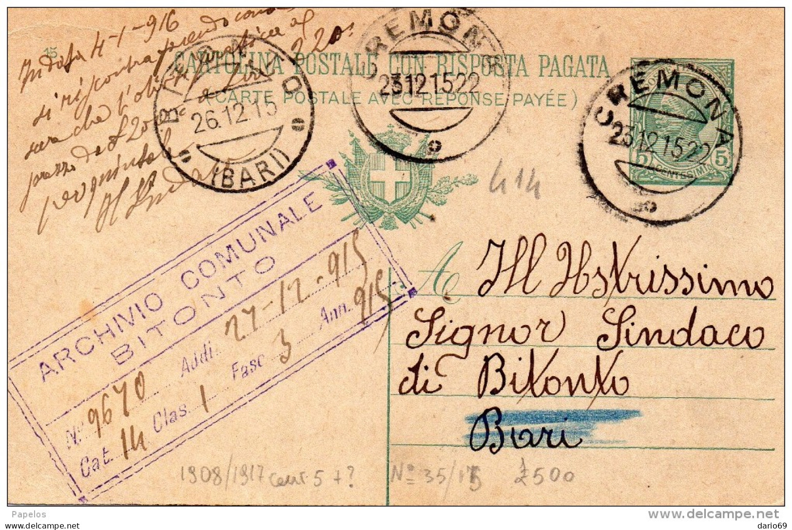 1915  CARTOLINA CON ANNULLO  CREMONA + BITONTO - Entiers Postaux