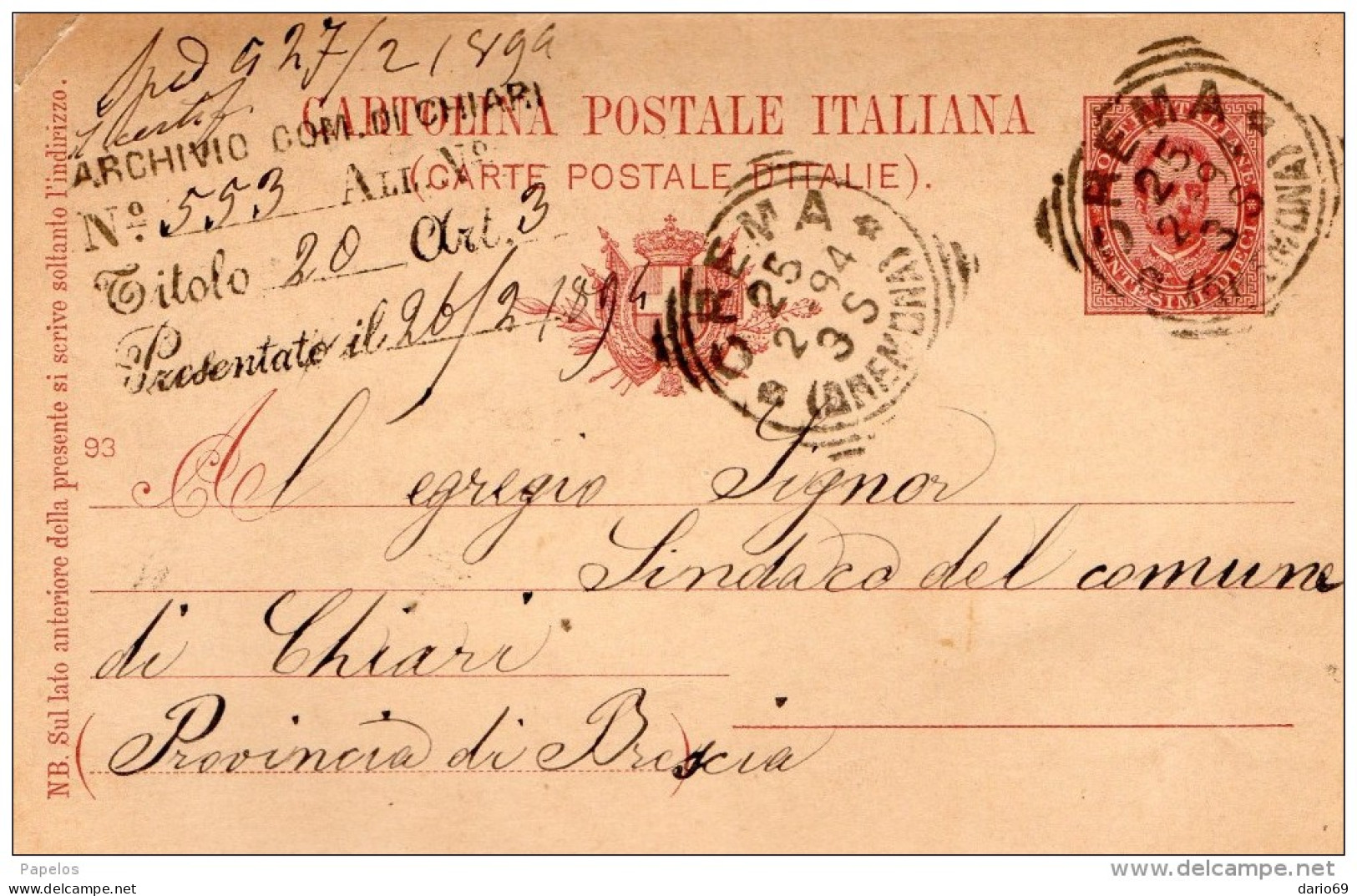 1894  CARTOLINA CON ANNULLO CREMA CREMONA - Postwaardestukken
