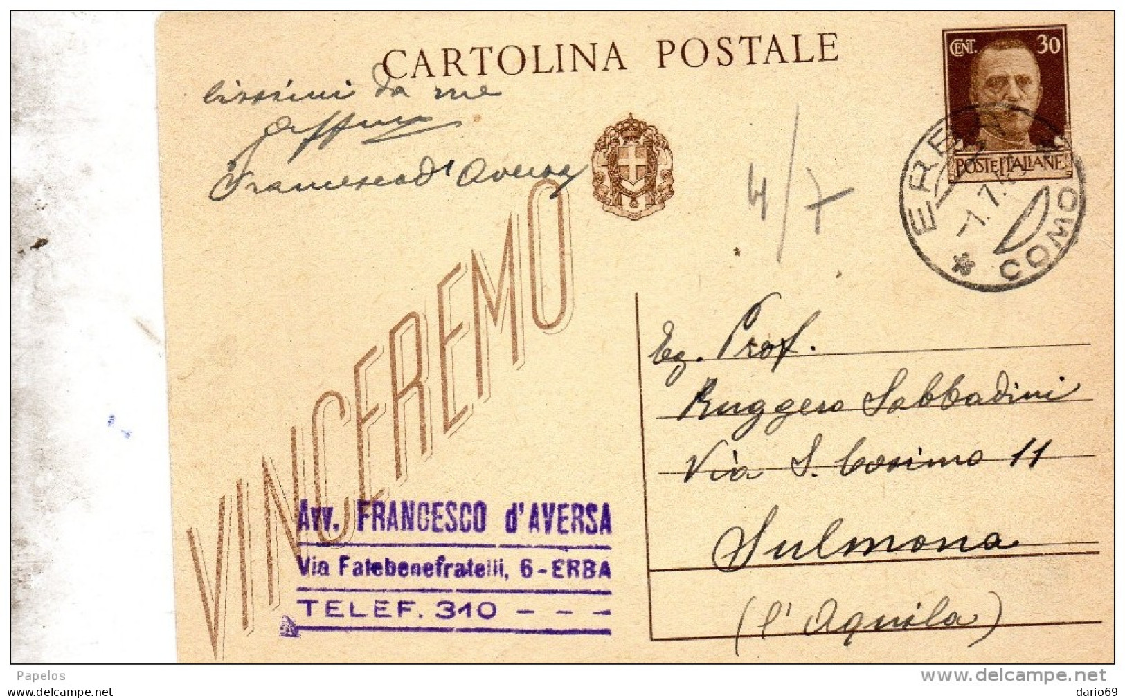 1943  CARTOLINA CON ANNULLO ERBA COMO - Entiers Postaux