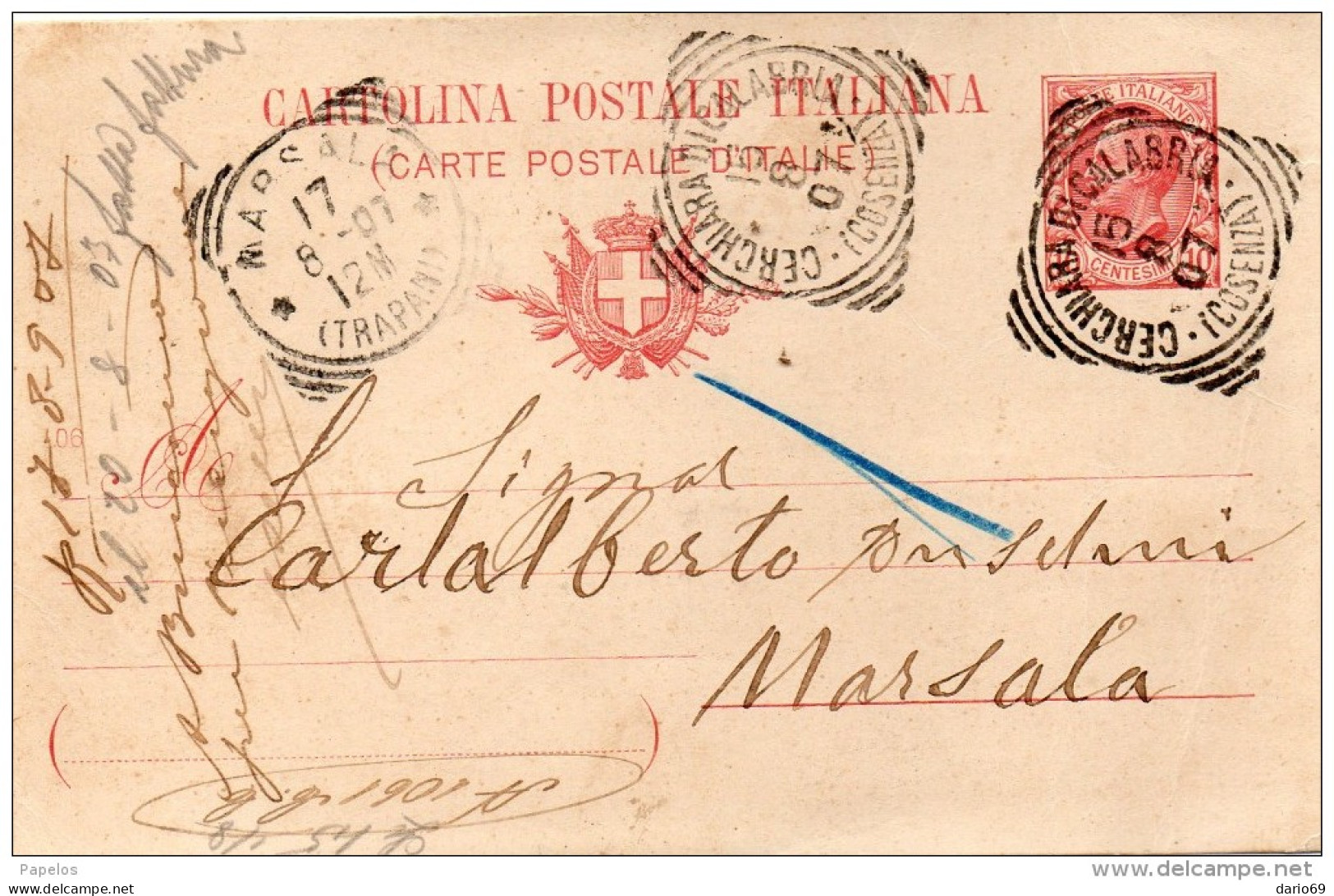 1907  CARTOLINA CON ANNULLO CERCHIARA DI CALABRIA COSENZA - Postwaardestukken