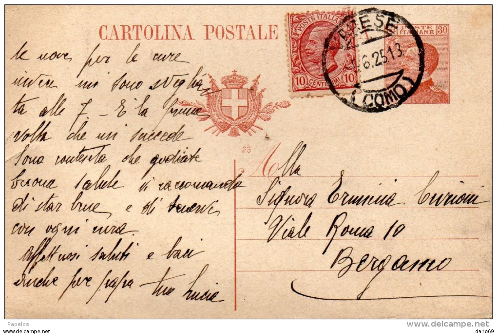 1925  CARTOLINA CON ANNULLO VARESE COMO - Stamped Stationery