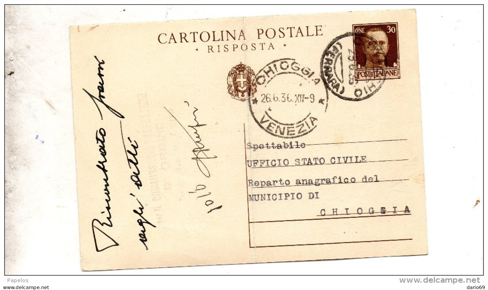 1936  CARTOLINA CON ANNULLO CHIOGGIA VENEZIA - Postwaardestukken