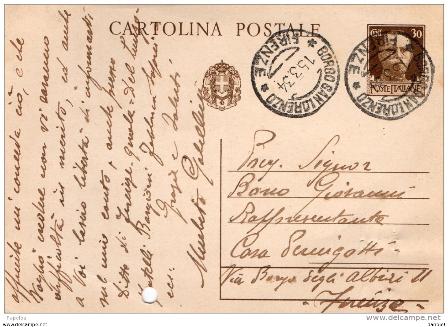 1934  CARTOLINA CON ANNULLO BORGO S. LORENZO FIRENZE - Entero Postal