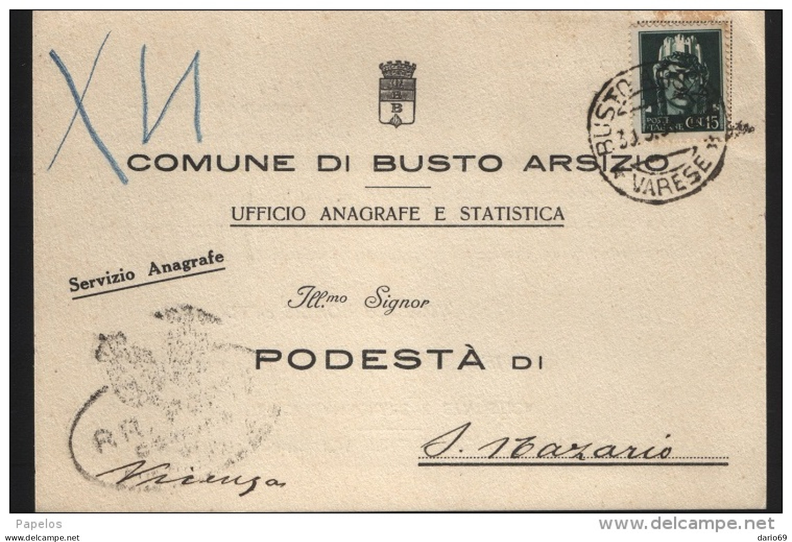 1942     CARTOLINA CON ANNULLO BUSTO ARSIZIO VARESE - Marcophilie
