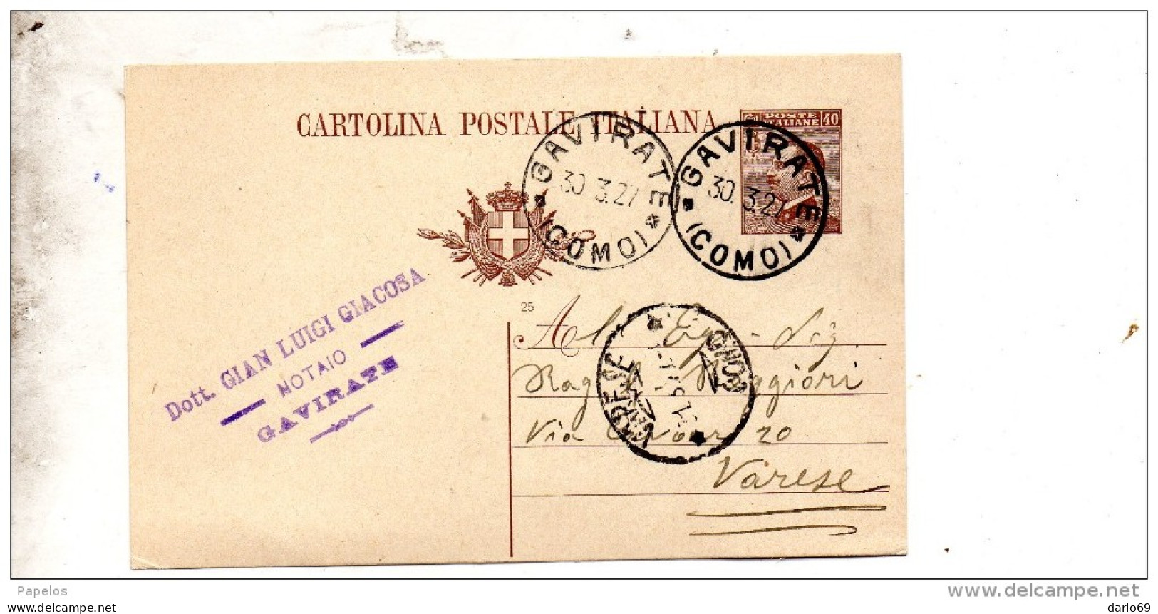 1927    CARTOLINA CON ANNULLO GAVIRATE COMO - Ganzsachen