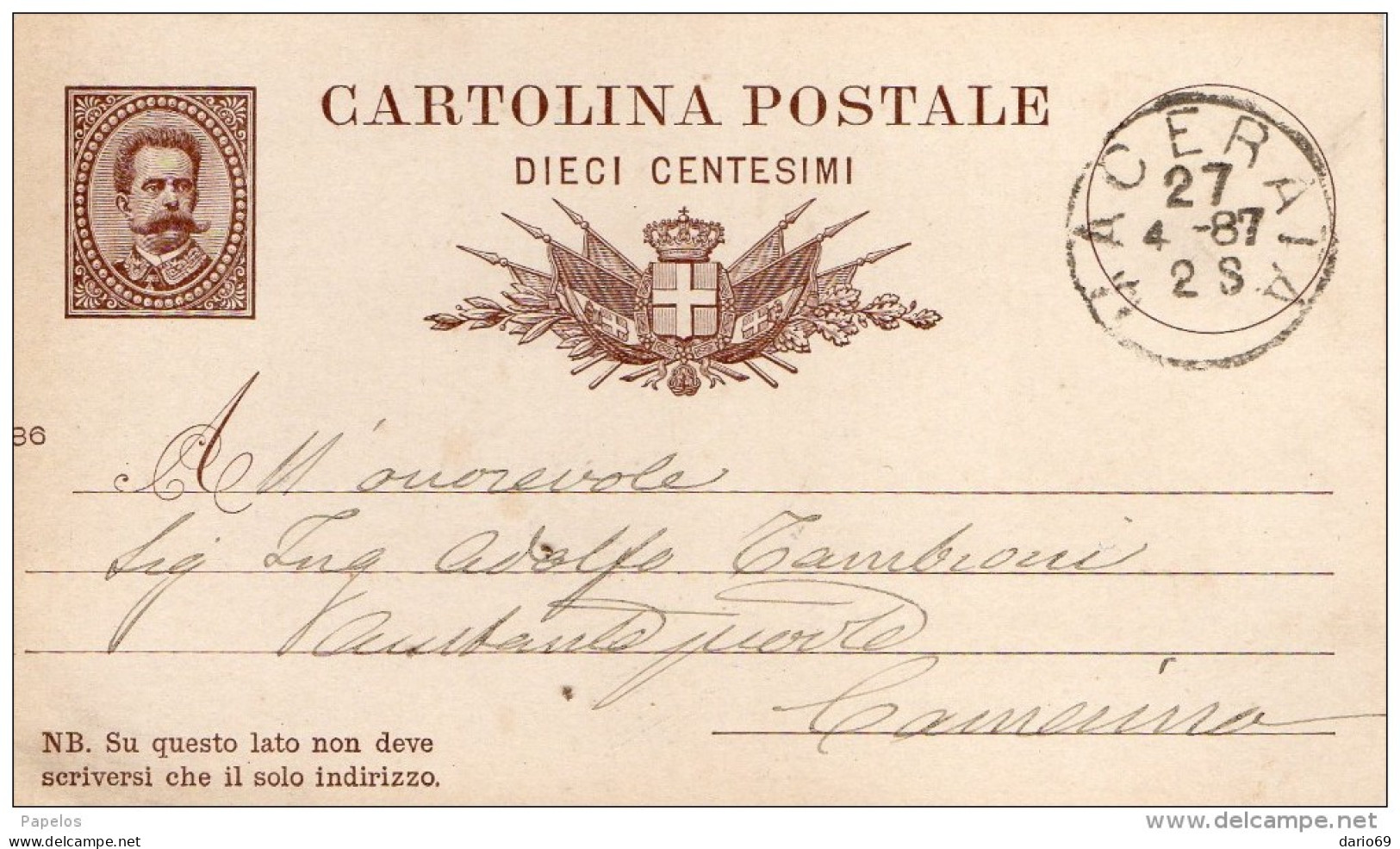 1887 CARTOLINA CON ANNULLO  MACERATA - Stamped Stationery