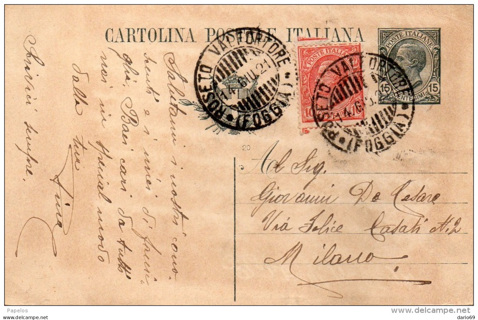 1921 CARTOLINA CON ANNULLO  ROSETO VALFORTORE  FOGGIA - Stamped Stationery