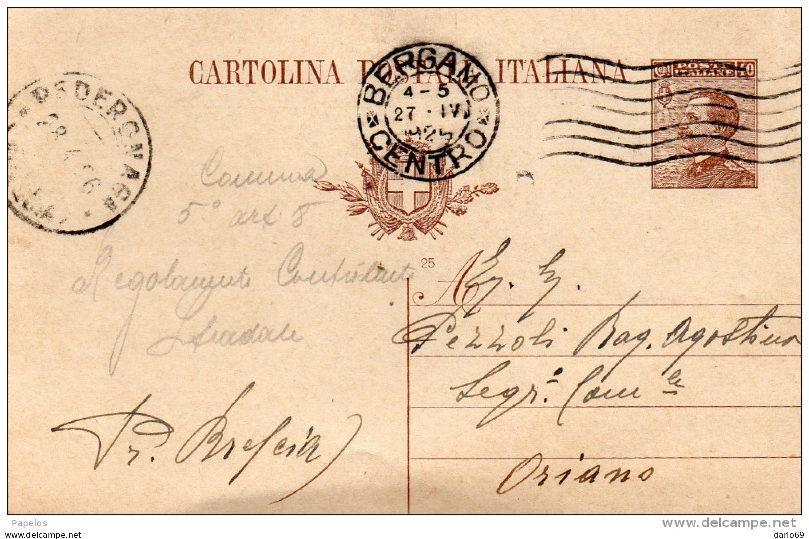 1925    CARTOLINA CON ANNULLO BERGAMO CENTRO - Stamped Stationery