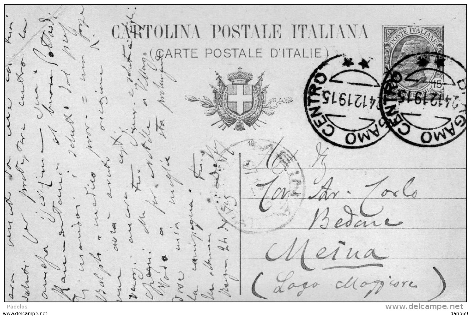 1919    CARTOLINA CON ANNULLO BERGAMO CENTRO - Postwaardestukken
