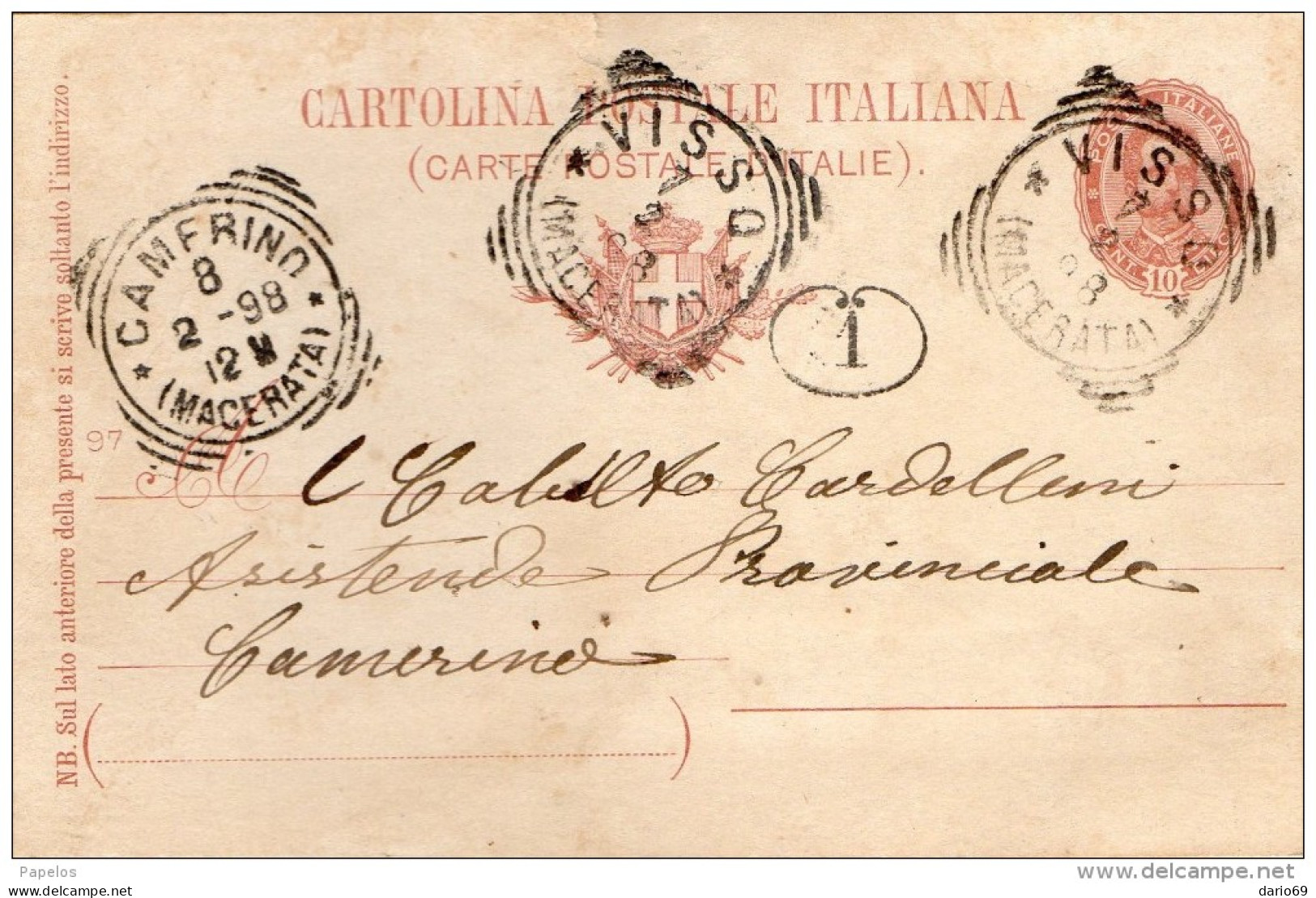 1898  CARTOLINA CON ANNULLO VISSO MACERATA - Postwaardestukken