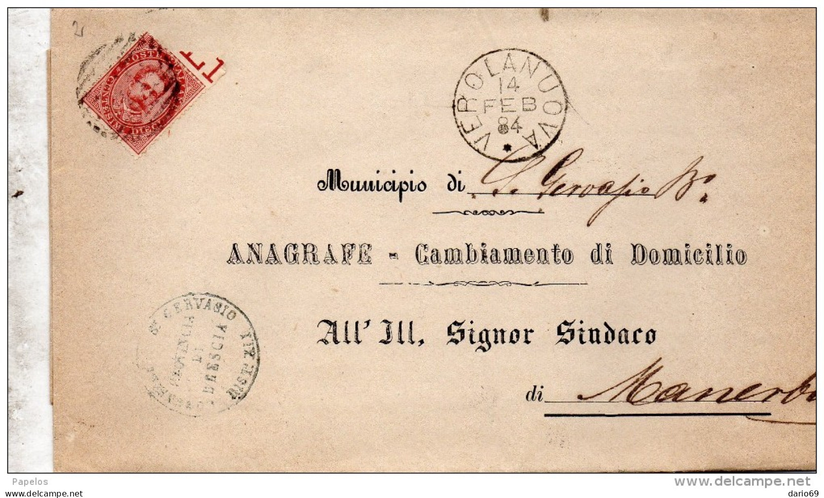 1884  LETTERA CON ANNULLO VEROLANUOVA BRESCIA - Marcophilie