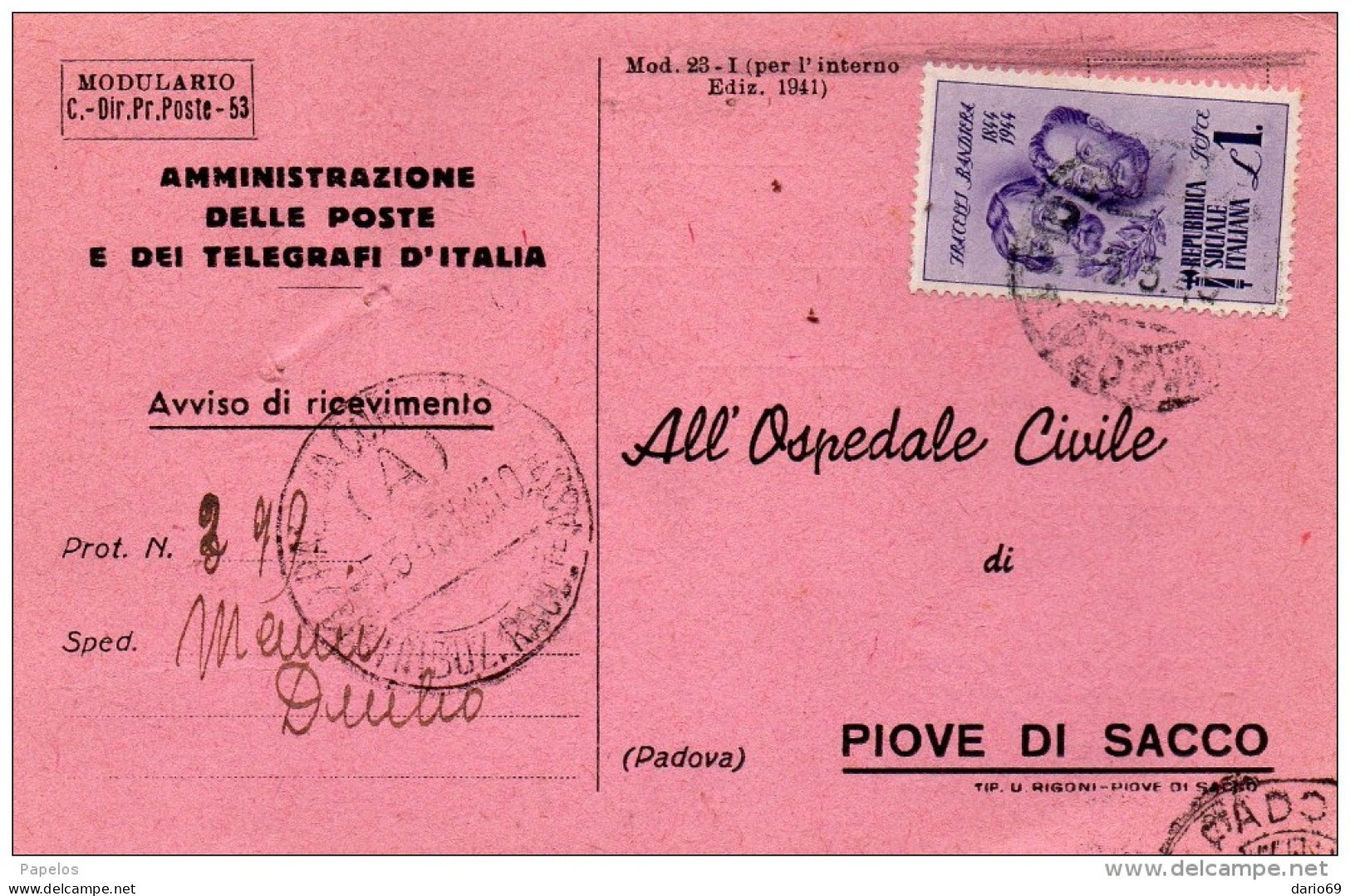 1945   RICEVUTA DI RITORNO - Storia Postale