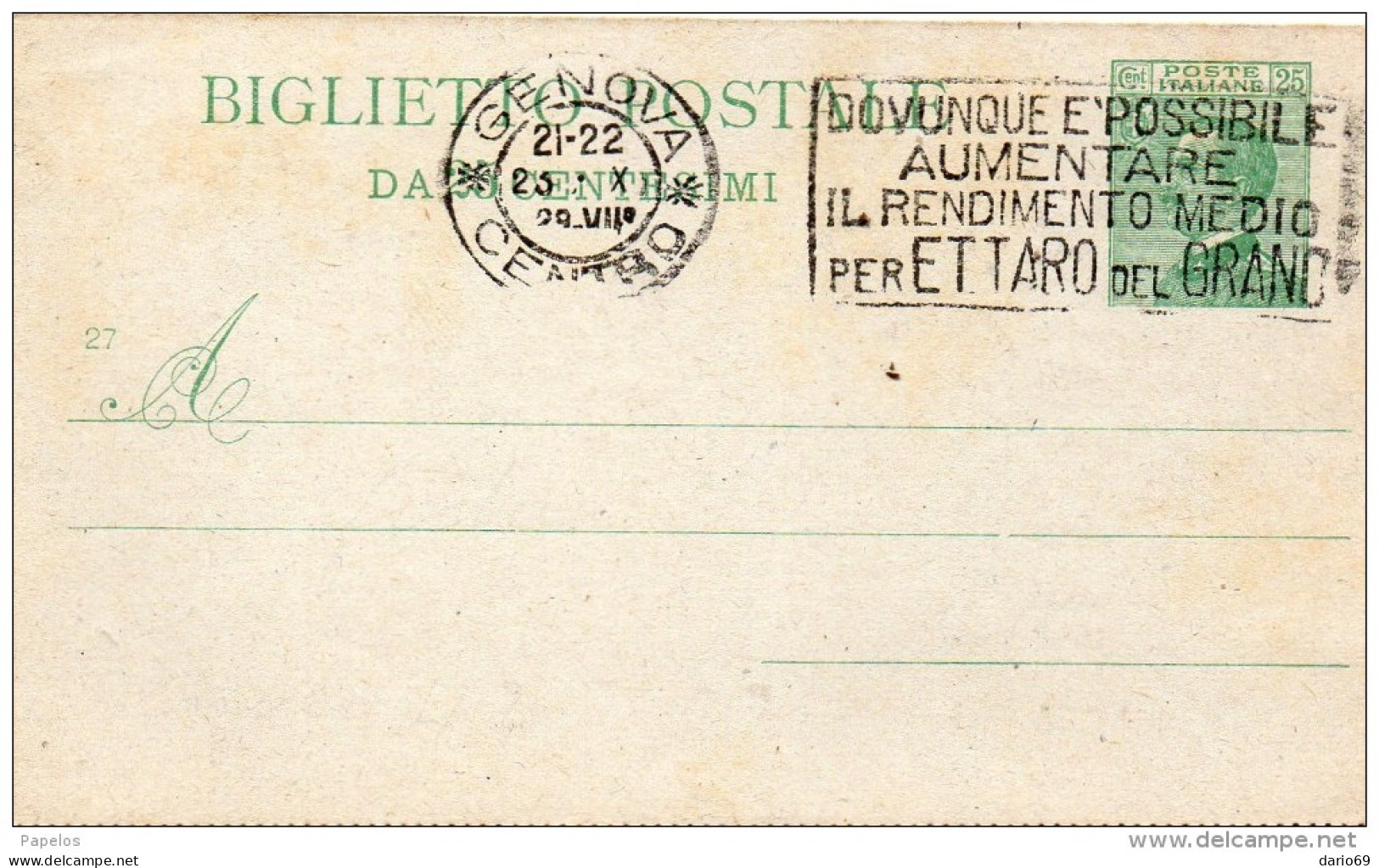 1929    CARTOLINA CON ANNULLO GENOVA +TARGHETTA - Stamped Stationery