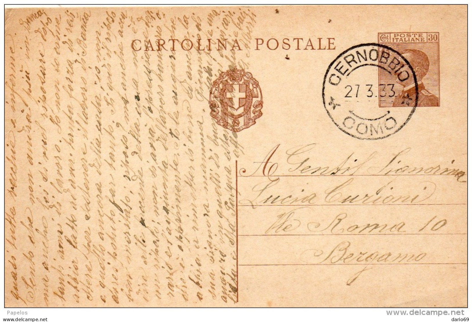 1933   CARTOLINA CON ANNULLO CERNOBIO  COMO - Entero Postal