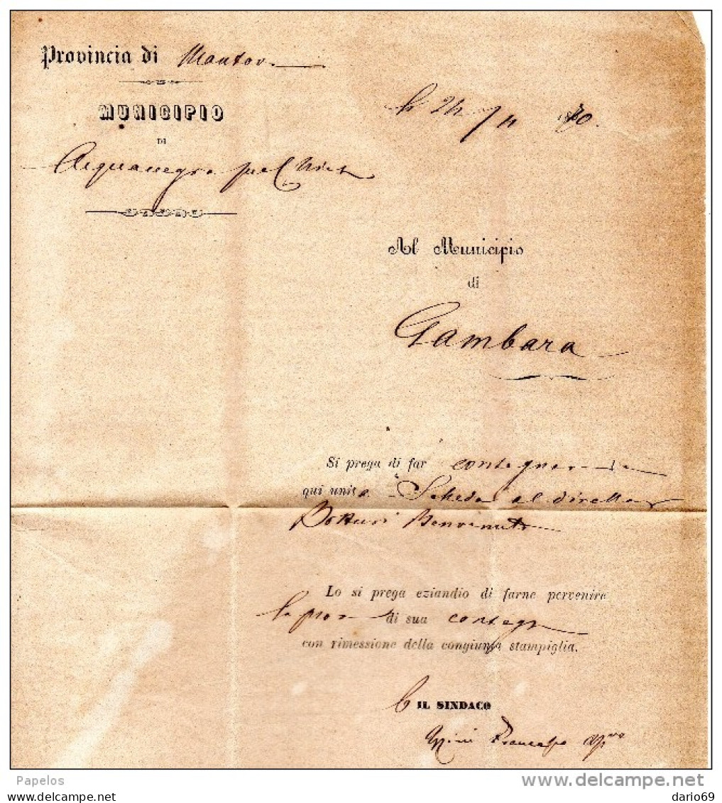 1870   LETTERA CON ANNULLO  ACQUANEGRA  - CANNETO MANTOVA - Storia Postale