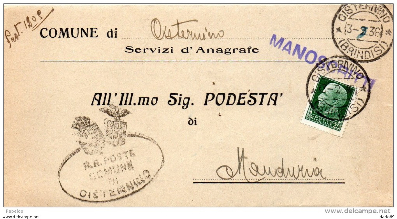 1936   LETTERA CON ANNULLO CISTERNINO BRINDISI - Storia Postale