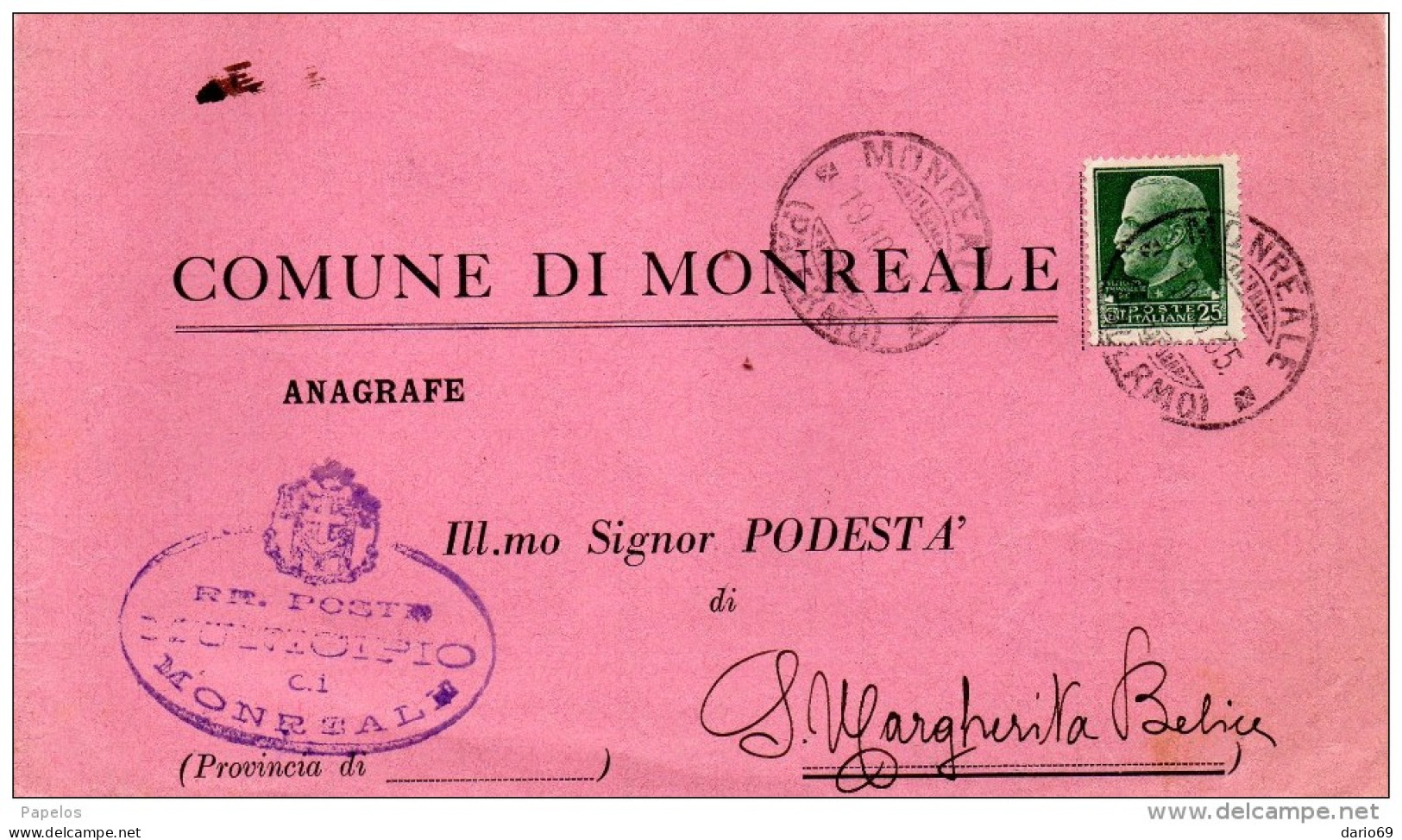 1935   LETTERA CON ANNULLO MONREALE PALERMO - Marcofilie