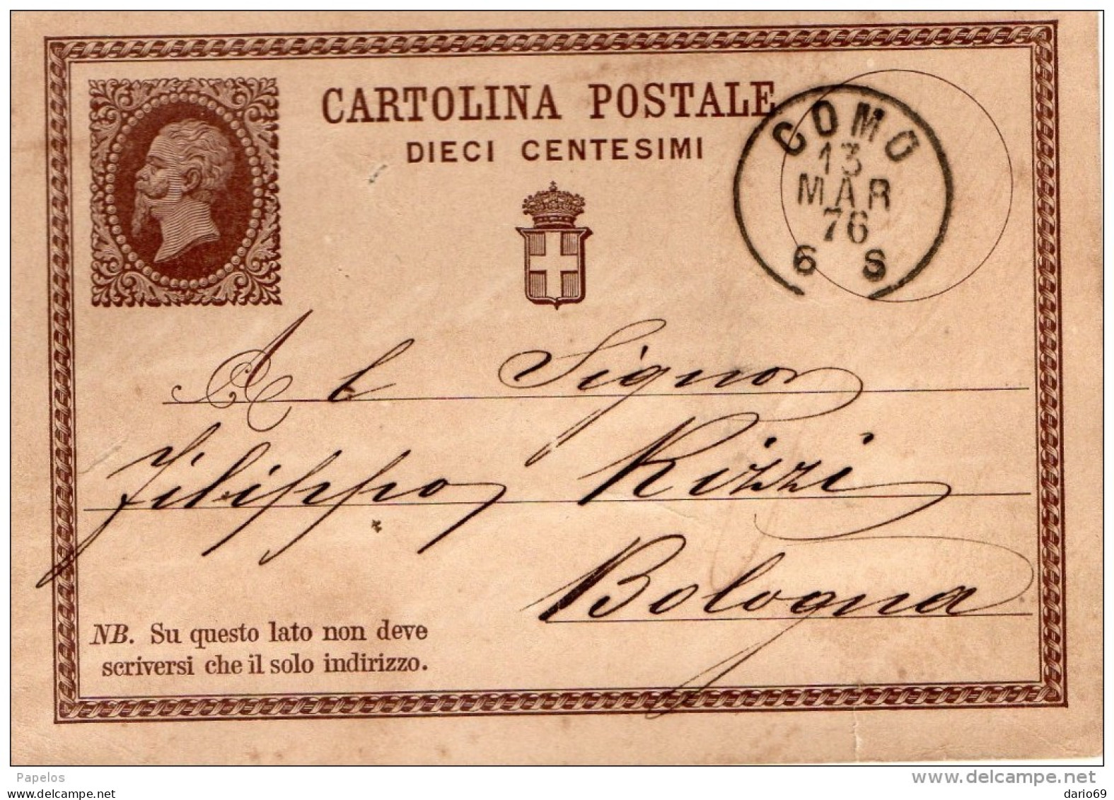1876   CARTOLINA CON ANNULLO  COMO - Entero Postal