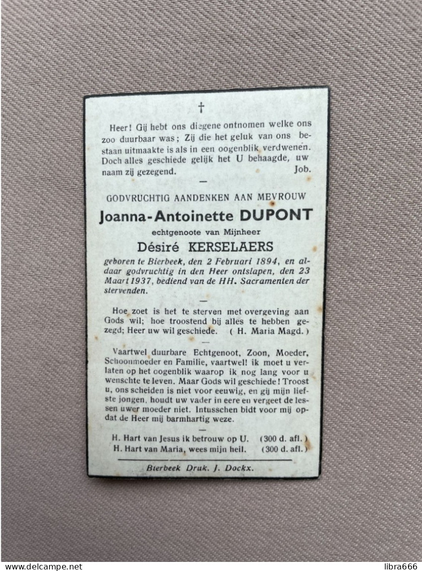 DUPONT Joanna Antoinette °BIERBEEK 1894 +BIERBEEK 1937 - KERSELAERS - Obituary Notices