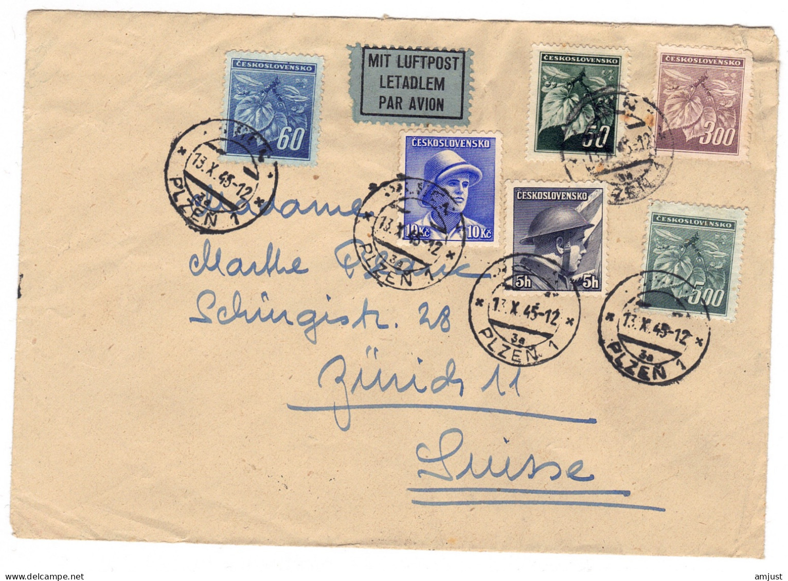 Tchécoslovaquie  // 1945 //  Lettre Pour La Suisse Par Avion - Storia Postale