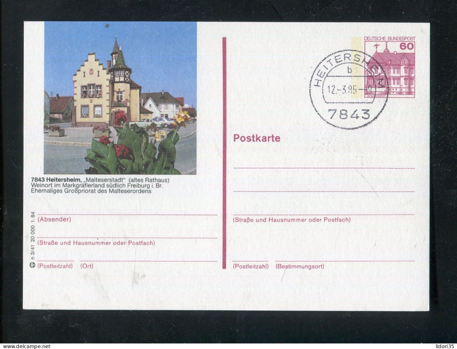 "BUNDESREPUBLIK DEUTSCHLAND" 1984, Bildpostkarte Mit Bildgleichem Stempel Ex "HEITERSHEIM" (L1223) - Geïllustreerde Postkaarten - Gebruikt