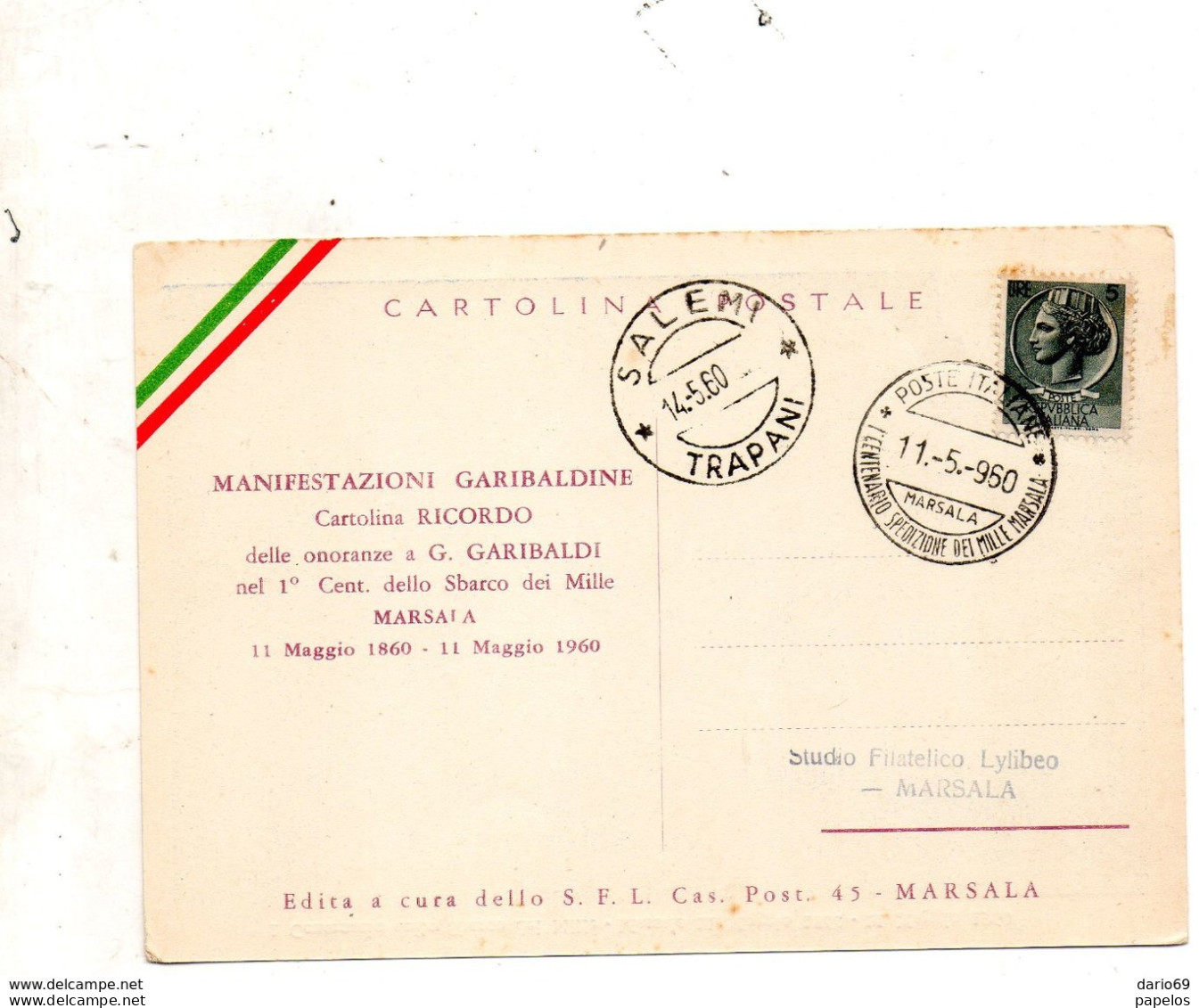 1960 CARTOLINA  CON ANNULLO CENTENARIO SBARCO DEI MILLE CALATAFIMI - 1946-60: Marcophilia