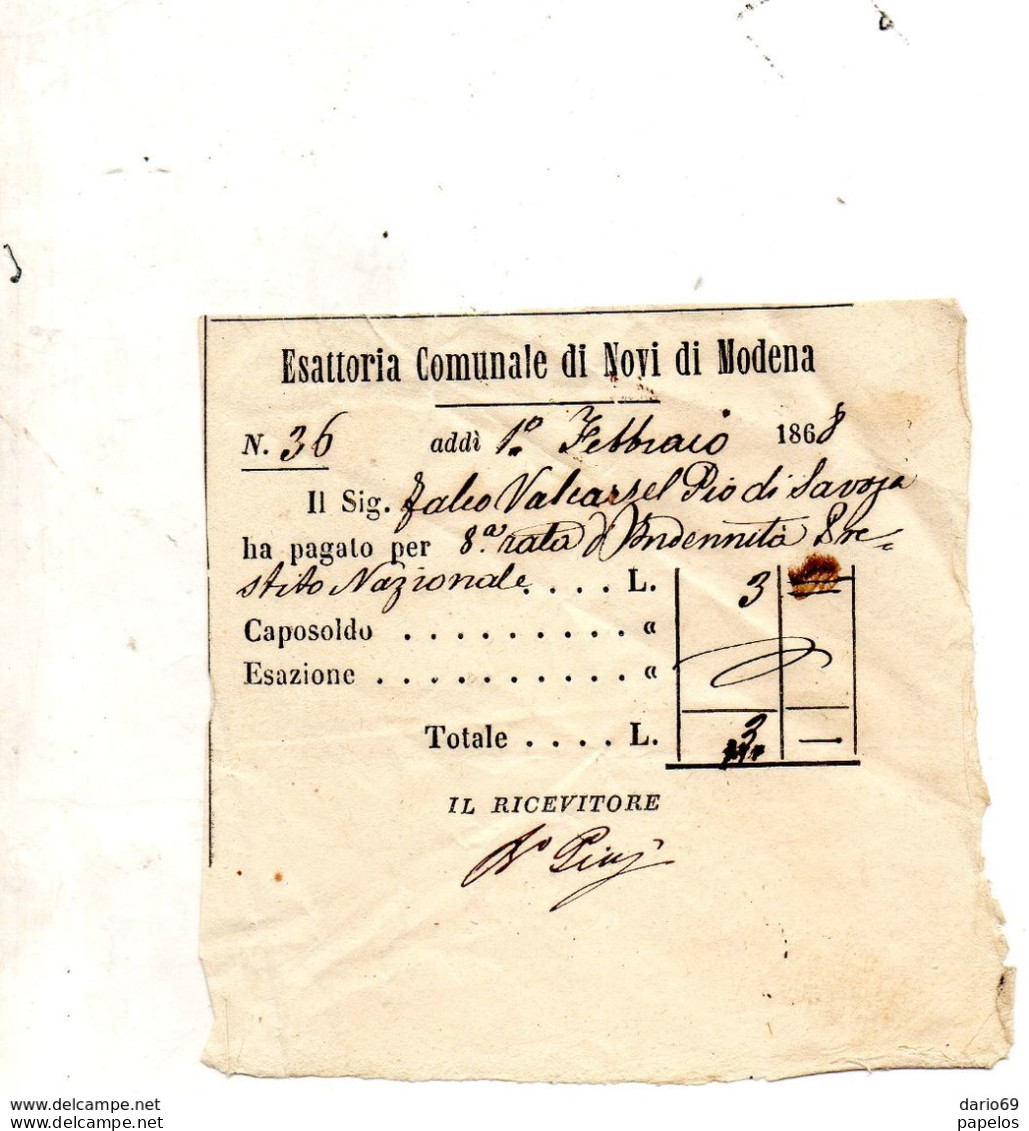 1868  ESATTORIA COMUNALE DI NOVI DI MODENA - Historische Documenten