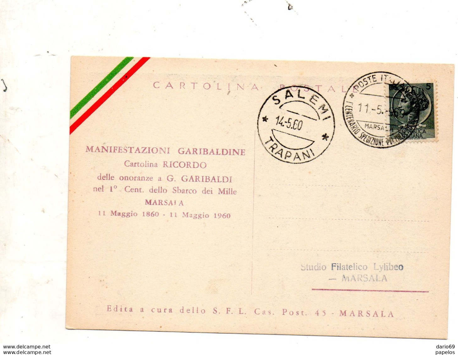 1960 CARTOLINA  CON ANNULLO CENTENARIO SBARCO DEI MILLE CALATAFIMI - 1946-60: Storia Postale