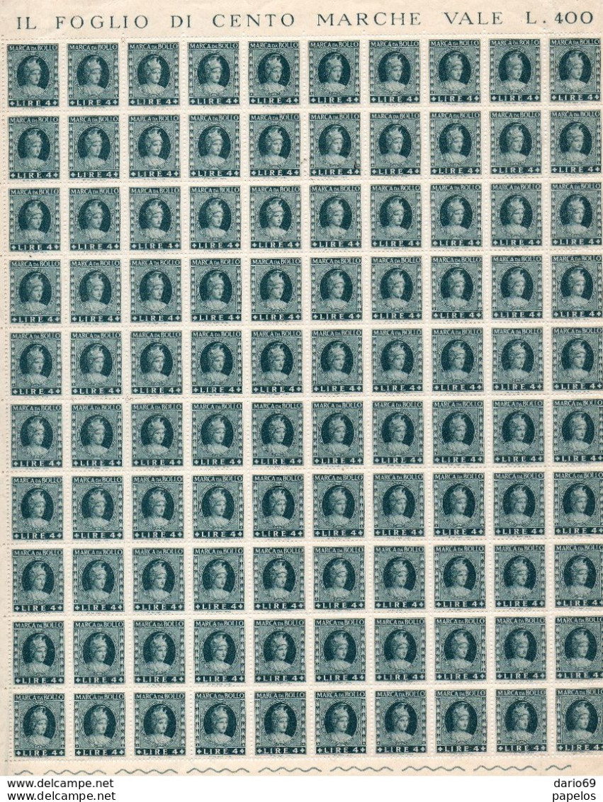 FOGLIO DA 100 MARCHE DA BOLLO LIRE 4 - Revenue Stamps