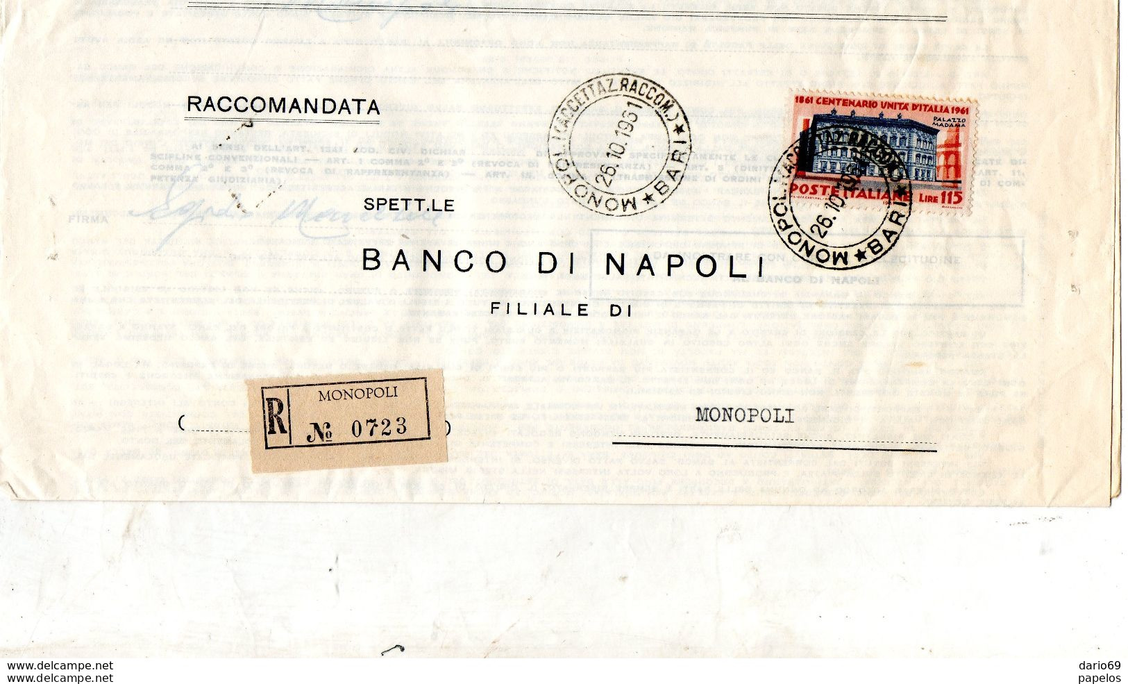 1961 LETTERA RACCOMANDATA CON ANNULLO MONOPOLI - 1961-70: Storia Postale