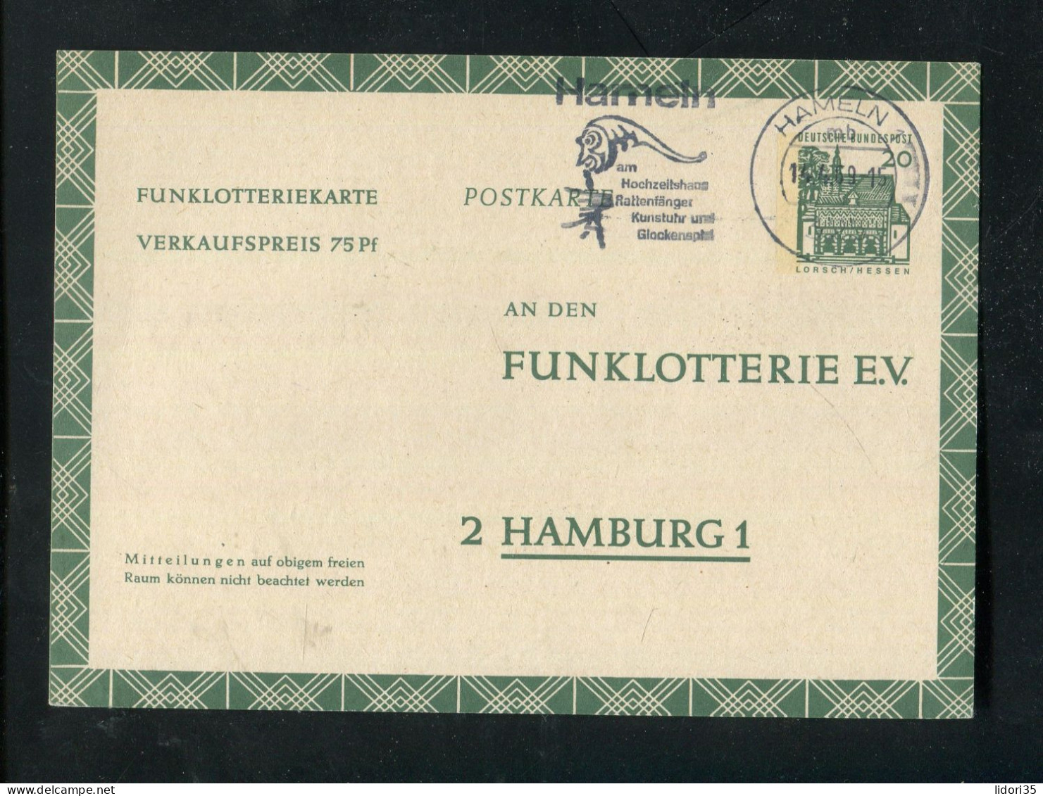 "BUNDESREPUBLIK DEUTSCHLAND" 1969, Funklotterie-Postkarte Mit Stempel "HAMELN, Rattenfaenger" (L1225) - Postkarten - Gebraucht